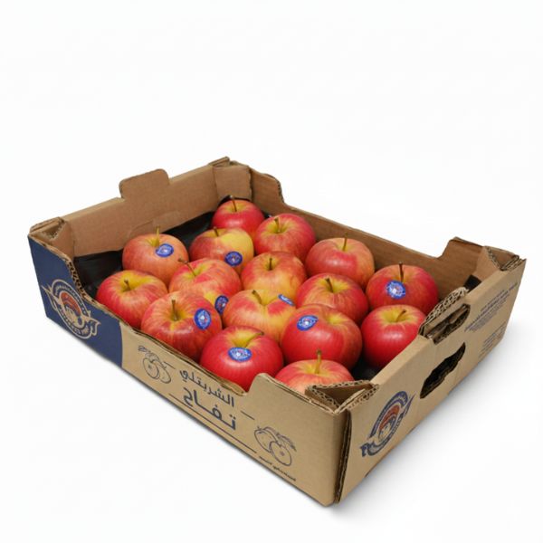 Fresh Royal Gala apples in a 3 kg carton by Sharbatly, showing shiny red and yellow fruits ready for selection.