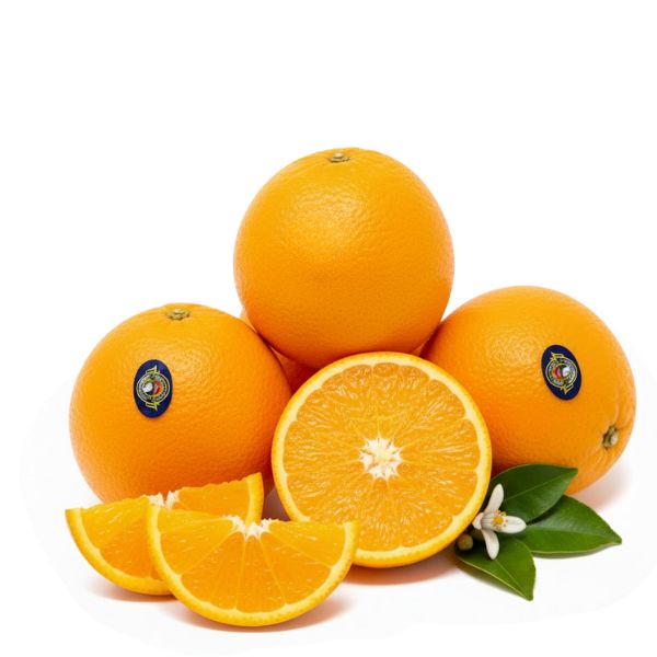 Fresh Navel oranges from Sharbatly in a 2 kg bag, showcasing bright orange skin and juicy interior, ready to eat.