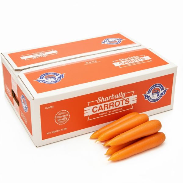Fresh orange carrots in a 10 kg carton from Sharbatly, showcasing vibrant, crisp vegetables perfect for cooking and snacking.
