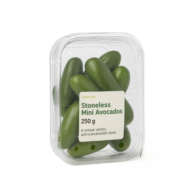 Holland mini stoneless avocadoes with edible skin, fresh and ripe, 0.25 kg pack, shown in a close-up image.