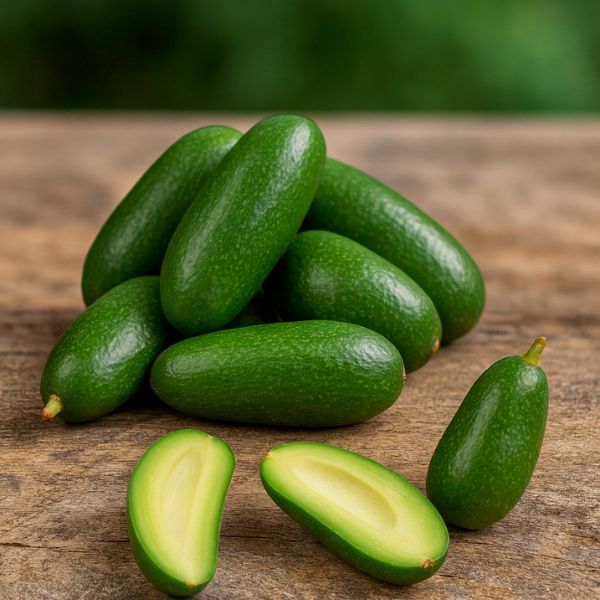 Holland mini avocados with edible skin, stoneless, fresh fruit pack in 0.25 kg size, shown in a 600x600px image.