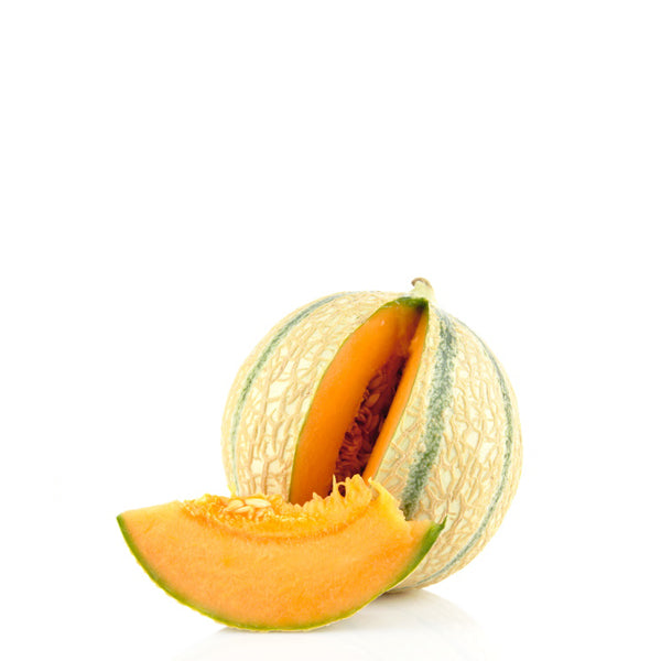 Holland Melon Charentes, AIR brand, fresh single piece of ripe yellow-orange fruit with smooth skin and sweet interior.