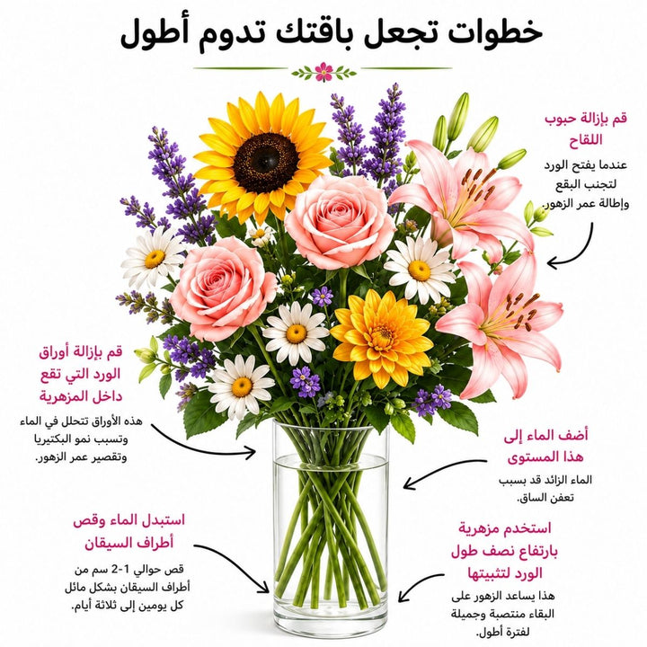 Arabic rose care guide with water, trimming and vase instructions, from Sharbatly.