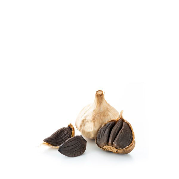 Black garlic in a 0.05kg pot, organic vegetable product by Sharbatly, showing dark cloves with a textured surface.