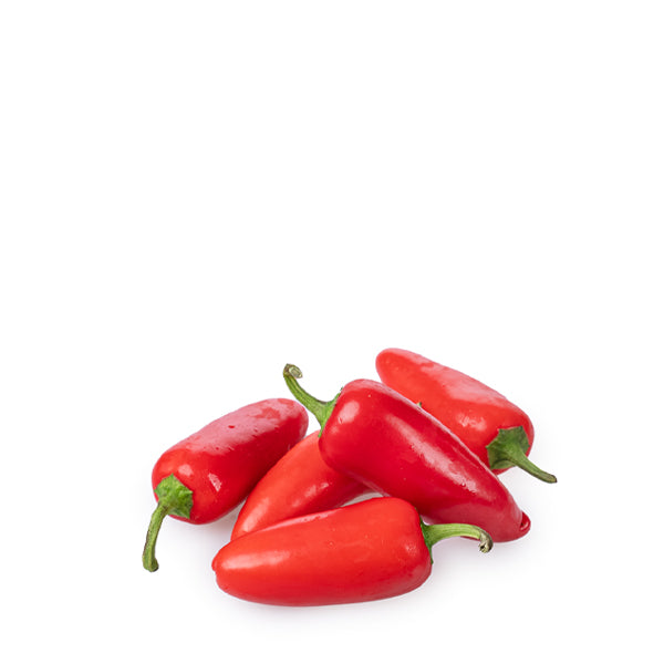 Red Jalapeno pepper from Holland, fresh vegetable in a 0.250 kg pack, with vibrant color and smooth skin.