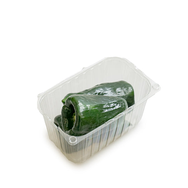 Fresh green Poblano peppers in a 0.350 kg pack, organic herbs from Holland, showing vibrant, glossy peppers ready for cooking.