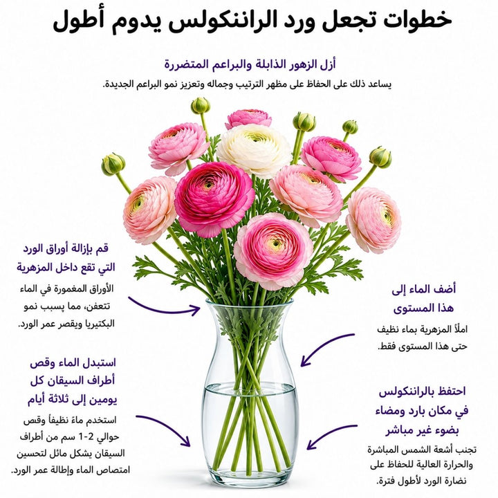 Arabic ranunculus care guide with water, trimming and vase instructions, from Sharbatly.