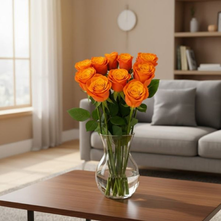 Bright orange roses from SQ Flora Kenya, arranged in a bouquet with 10 stems, showcasing vibrant, fresh flower blooms.