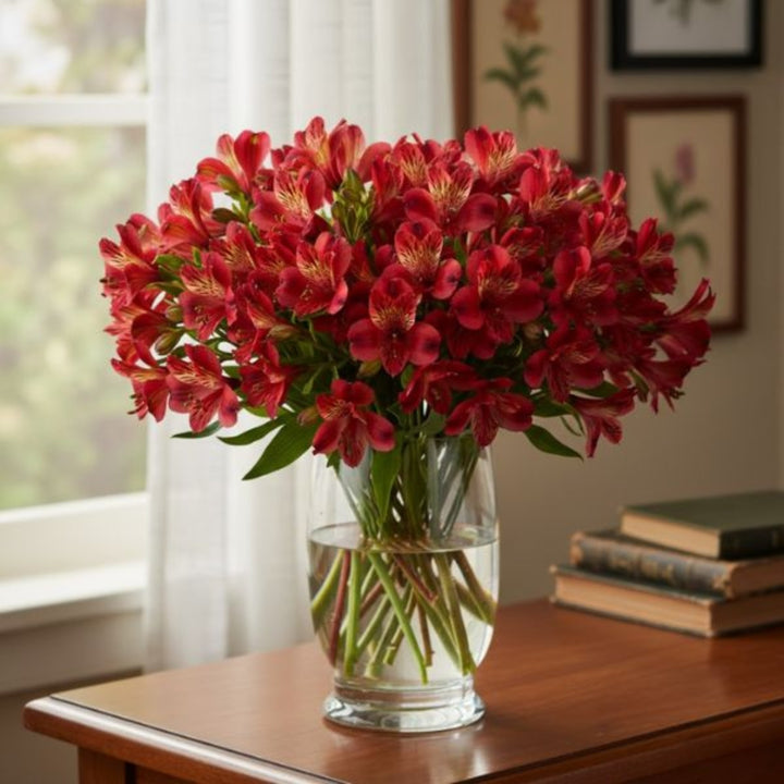 Red Alstroemeria flowers with 10 stems, vibrant and fresh, arranged with green foliage, from SQ Flora Kenya.