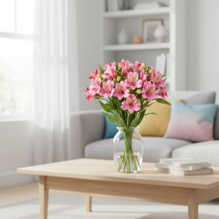 Pink Alstroemeria flower stems arranged together, showcasing vibrant blooms and green foliage, from SQ Flora Kenya.