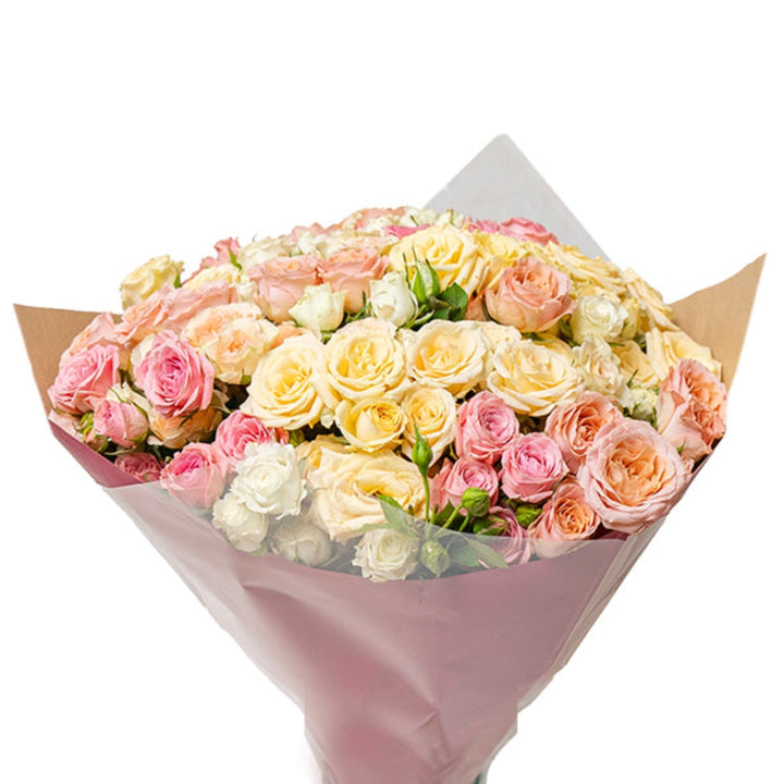 Blush baby roses luxury bouquet with 25 stems from Mix Flower Bouquet, featuring soft pink blooms and green foliage.