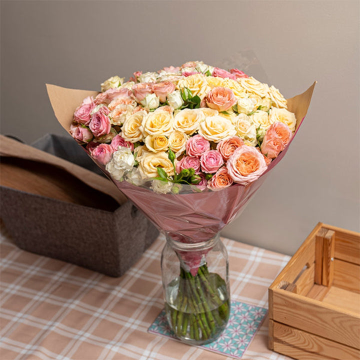 Blush baby roses luxury bouquet with 25 stems in a Mix Flower Bouquet, featuring soft pink flowers arranged beautifully.