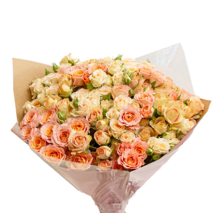 Luxury baby roses peach bouquet with 30 stems from Mix Flower Bouquet, featuring soft, fragrant peach-colored roses arranged in a lush bouquet.