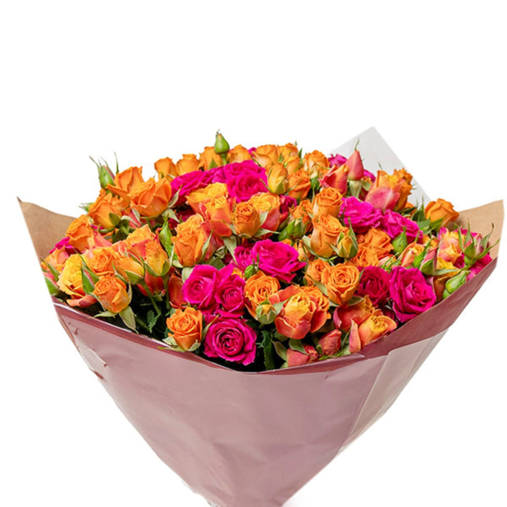 Sunset luxury bouquet of 30 baby roses in a Mix Flower Bouquet, showcasing vibrant pink and orange blooms arranged in a floral display.