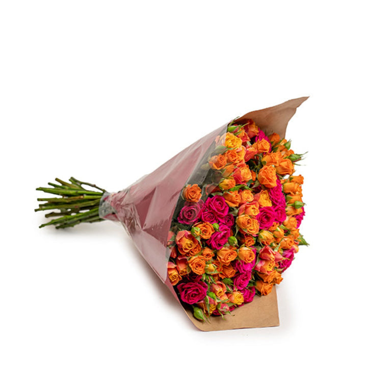 Sunset luxury baby roses bouquet with 30 stems arranged in a colorful floral display by Mix Flower Bouquet