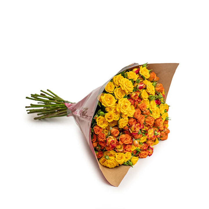 Sunshine luxury bouquet of 30 baby roses in a mix flower bouquet style, vibrant and fresh with lush green foliage.