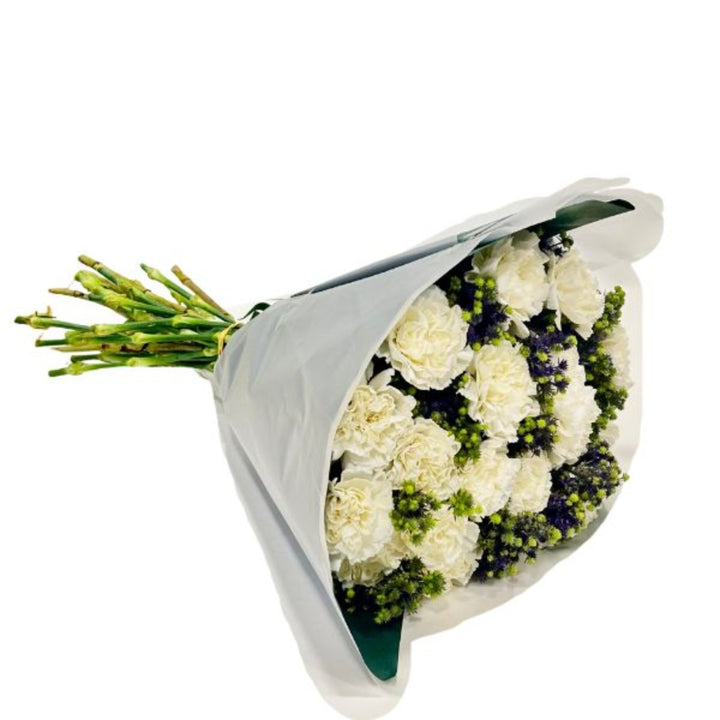 Colorful bouquet of 30 carnations and eryngium flowers from Mix Flower Bouquet, showcasing vibrant blooms and lush greenery.