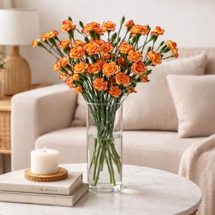 Black Tulip Bio Color Orange Carnation baby flowers with 10 stems, showing vibrant orange blooms and green foliage.