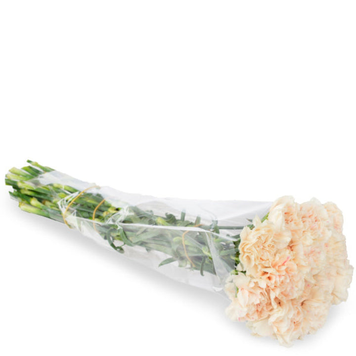 Bouquet of 19 peach-colored carnations with apple tea scent from SQ Flora Kenya, arranged in a natural flower display.