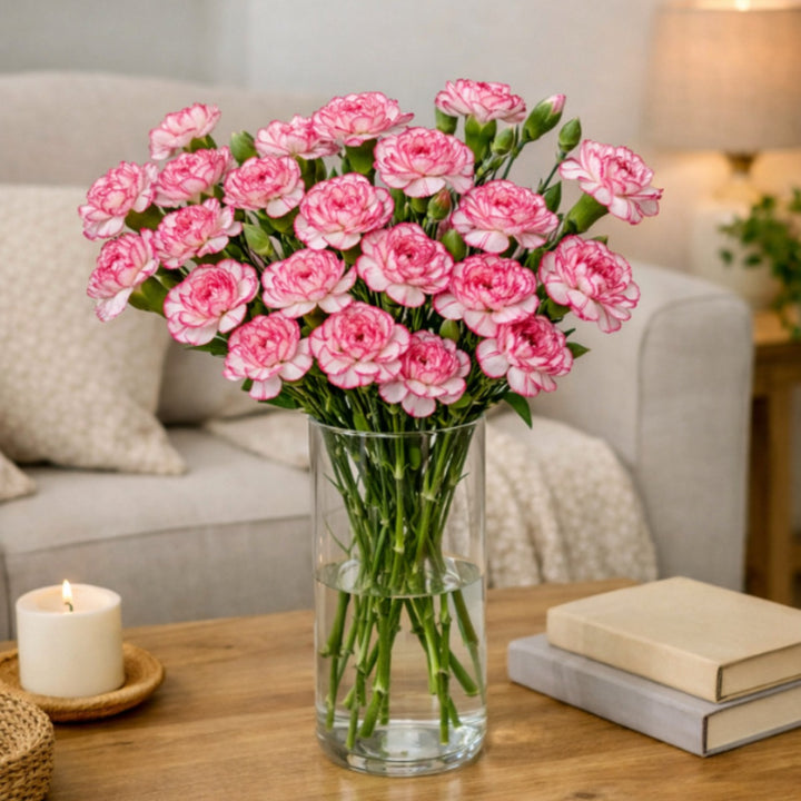 Pink Bio Color Carnations baby flowers from Black Tulip with 10 stems, showcasing vibrant, fresh pink blooms and green foliage.
