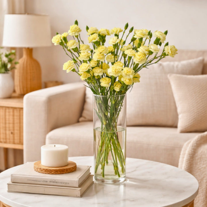 Yellow Carnations baby flowers with 10 stems from Black Tulip, shown in a close-up image highlighting vibrant blooms.