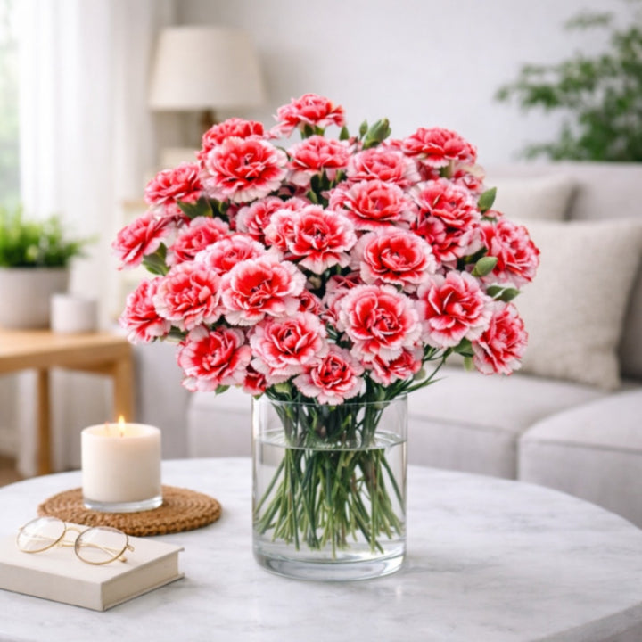 Bouquet of 10 pink carnations arranged in a baby swing display by SQ Flora Kenya, fresh and vibrant flower arrangement.