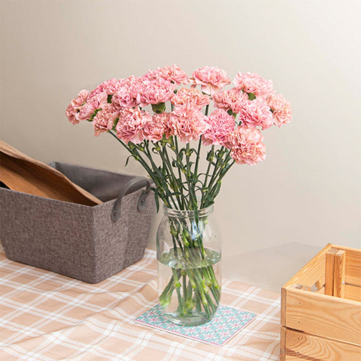 Bouquet of 19 pink carnations from Black Tulip, arranged in a glass vase for a fresh floral display.