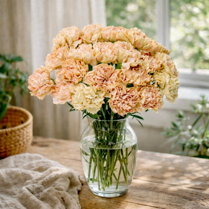 Bouquet of 19 brown Cappuccino Lege carnations by SQ Flora Kenya arranged in a clear vase.