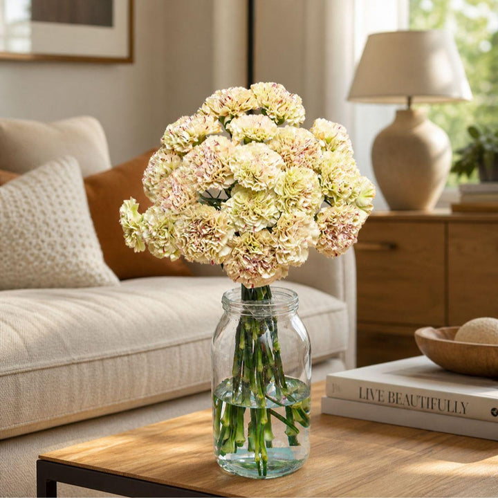 Bouquet of 19 vibrant Paoletto carnations from SQ Flora Kenya arranged in a clear glass vase.