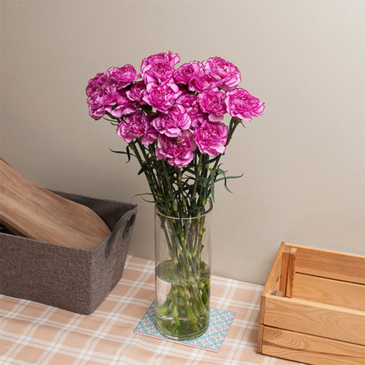 Bouquet of 20 Royal Damascus carnations from SQ Flora Kenya, fresh pink and red flowers arranged in a floral display.