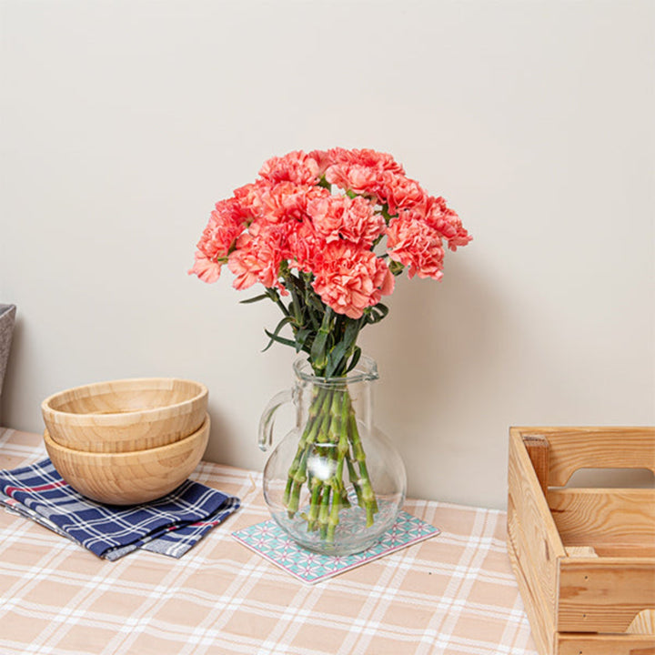 Bouquet of 19 fresh pink carnations from SQ Flora Kenya, showcasing vibrant flowers with green foliage.