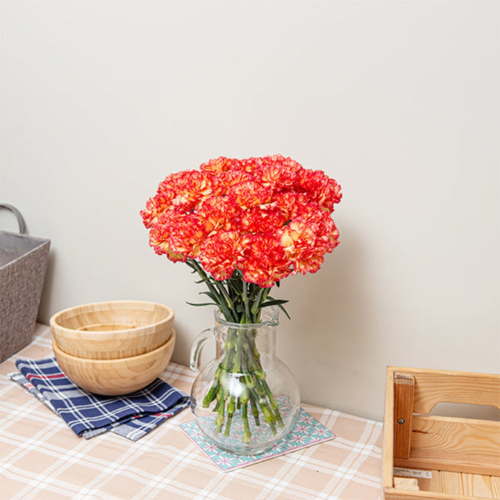 Bouquet of 19 Zenit carnations from SQ Flora Kenya, showcasing vibrant pink and white flowers arranged in a floral display.