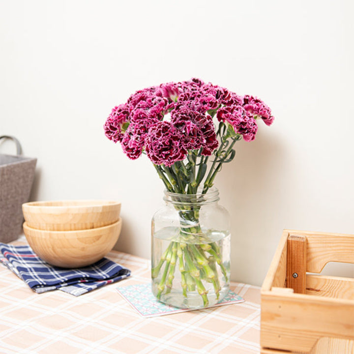 Burgundy carnations from SQ Flora Kenya, 19 fresh flower stems arranged in a bouquet, showcasing vibrant, full blooms.