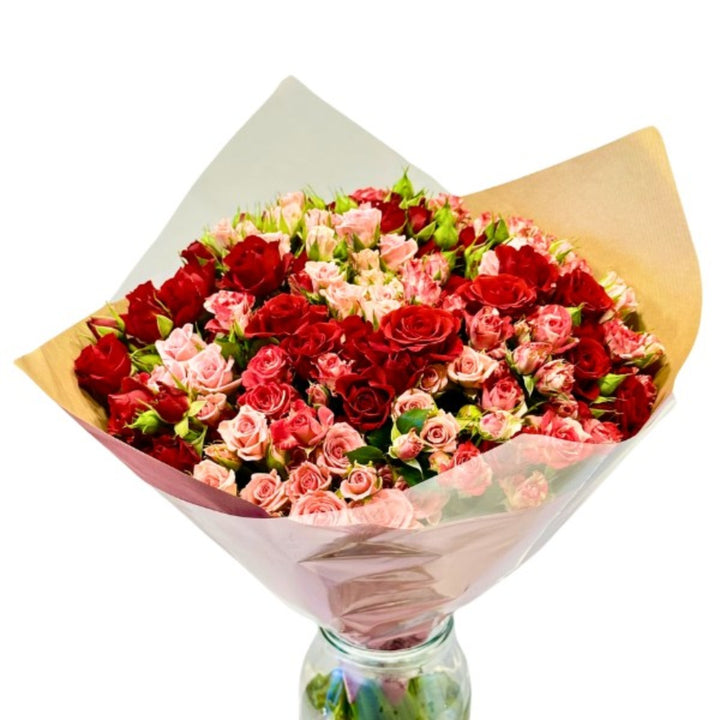 Luxurious cerise and red flower bouquet with 30 stems from Mix Flower Bouquet, showcasing vibrant, fresh blooms arranged beautifully.