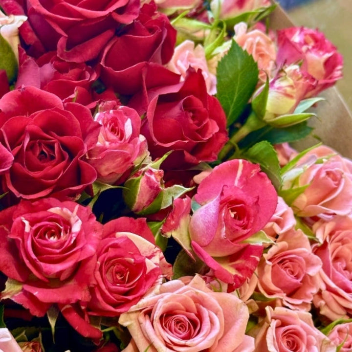 Luxury bouquet of 30 cerise and red mixed flowers, arranged in a lush floral arrangement by Mix Flower Bouquet.
