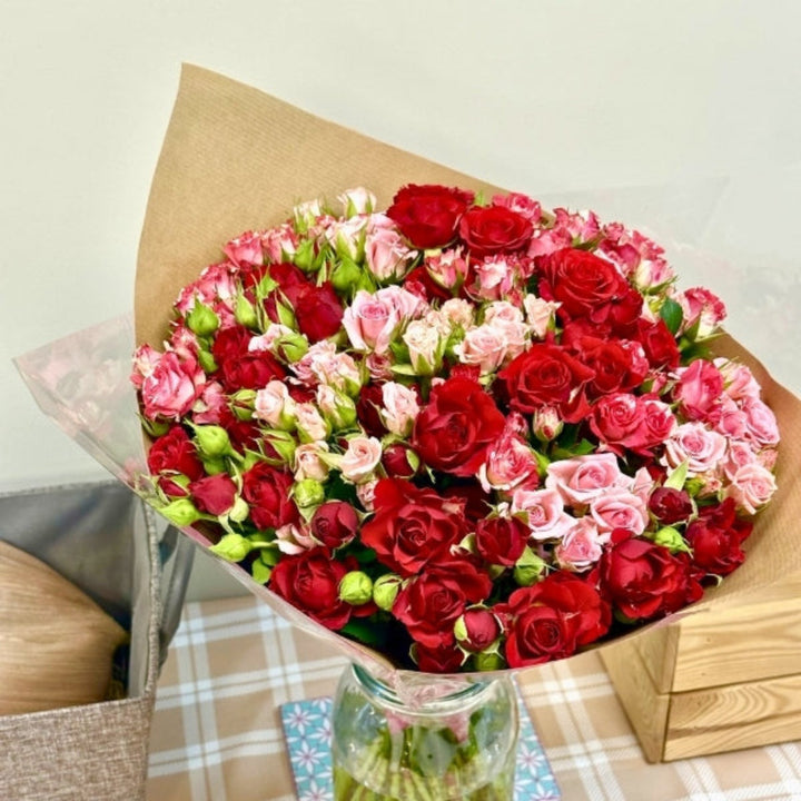 Luxury bouquet of 30 cerise and red mixed flowers from Mix Flower Bouquet, showcasing vibrant, fresh floral arrangement.