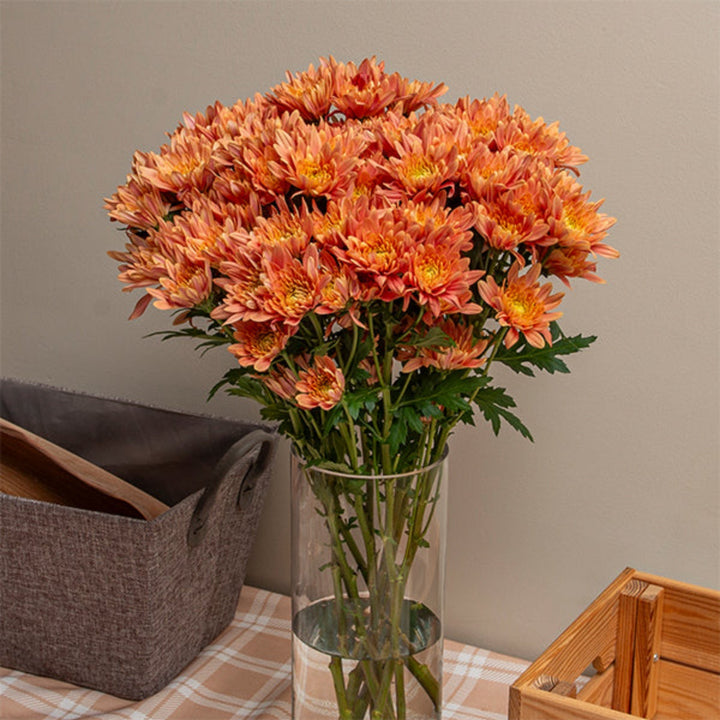 Salmon-colored chrysanthemums, veronica flowers, and greenery arranged in a bouquet of 10 stems by Black Tulip.