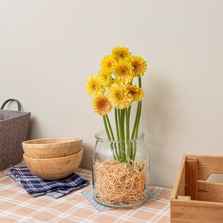 Bright red and yellow Gerberas from Flowranow, Romily 10-stem flower bouquet arranged in a clear glass vase.