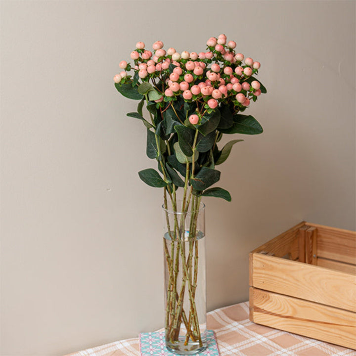 Bouquet of 10 Hypericum Coco Tiamo flower stems with vibrant green leaves, arranged in a natural display.