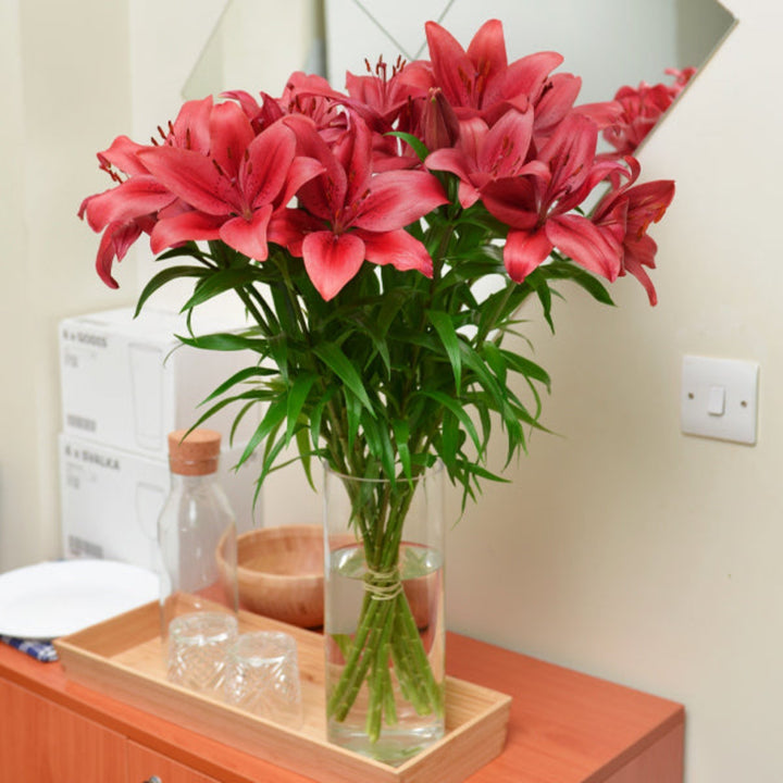 Red Asiatic lilies from Flowranow, 10 stems of vibrant, blooming flower stems, perfect for floral arrangements and decor.