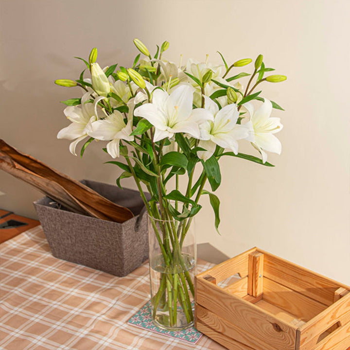 Pearl white Asiatic lilies from Flowranow with 10 stems, showcasing elegant, trumpet-shaped flowers on tall green stems.