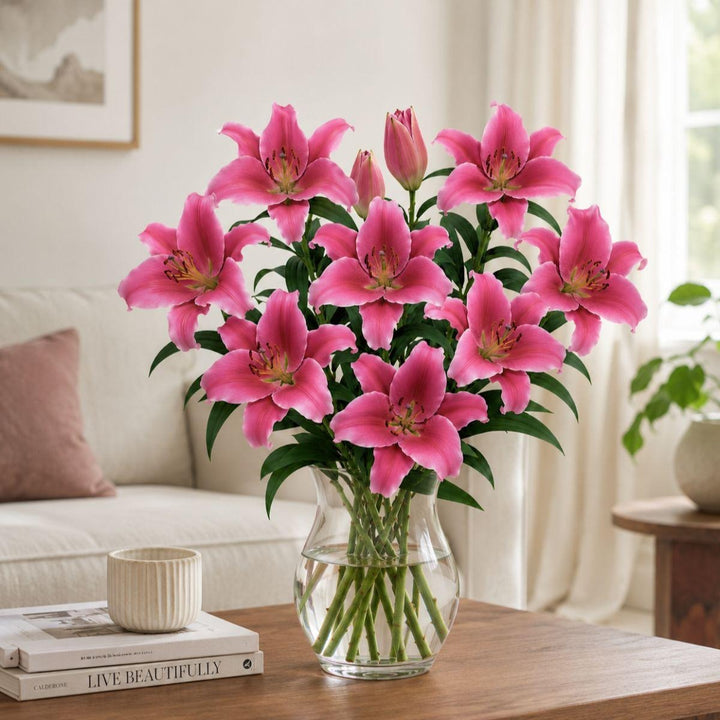 Five dark pink oriental lilies from Fresh Flower Holland with scented blooms, arranged in a bouquet.