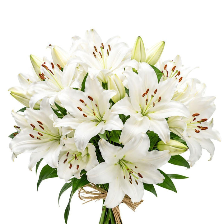 White Oriental lilies in a bouquet with five stems, scented and fresh, arranged by Dutch floral experts.