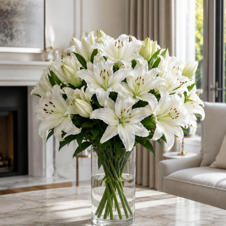 White Oriental lilies flower bouquet with five stems, scented and large-sized, from Fresh Flower Holland.