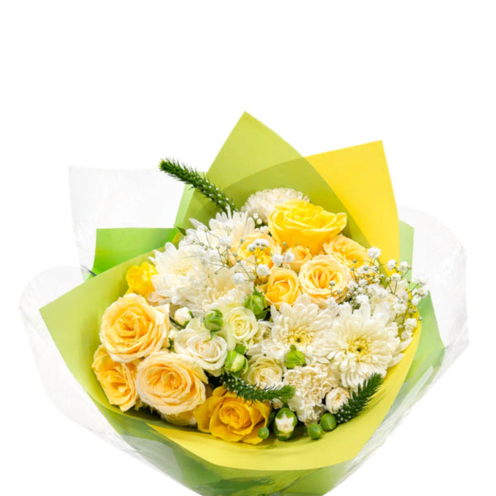 Mixed yellowish bouquet with 15 stems of flowers from Black Tulip, featuring a colorful, random assortment of blooms.