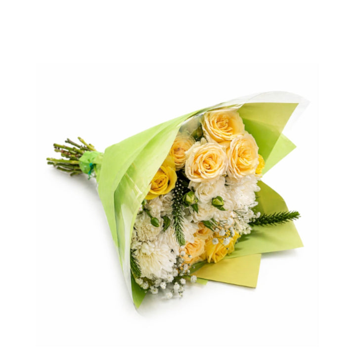 Yellowish mixed bouquet with 15 stems of assorted flowers from Black Tulip, arranged in a natural, vibrant display.