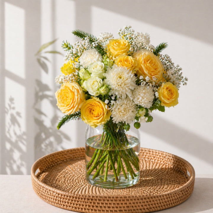Mixed yellowish bouquet with 15 stems of various flowers from Black Tulip, showcasing a vibrant, colorful floral arrangement.