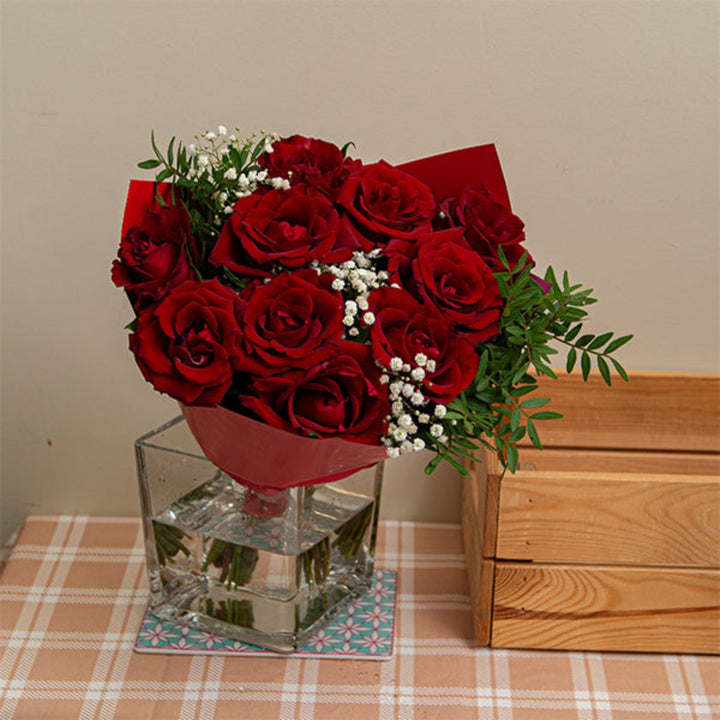 Red Roses Romance Bouquet with 15 stems, featuring vibrant red roses arranged in a romantic floral bouquet.