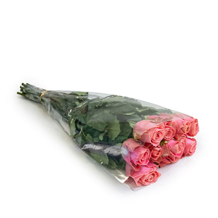 Bouquet of 10 fresh Hermosa roses from Bella Rose, showcasing vibrant red flower stems and lush green leaves.