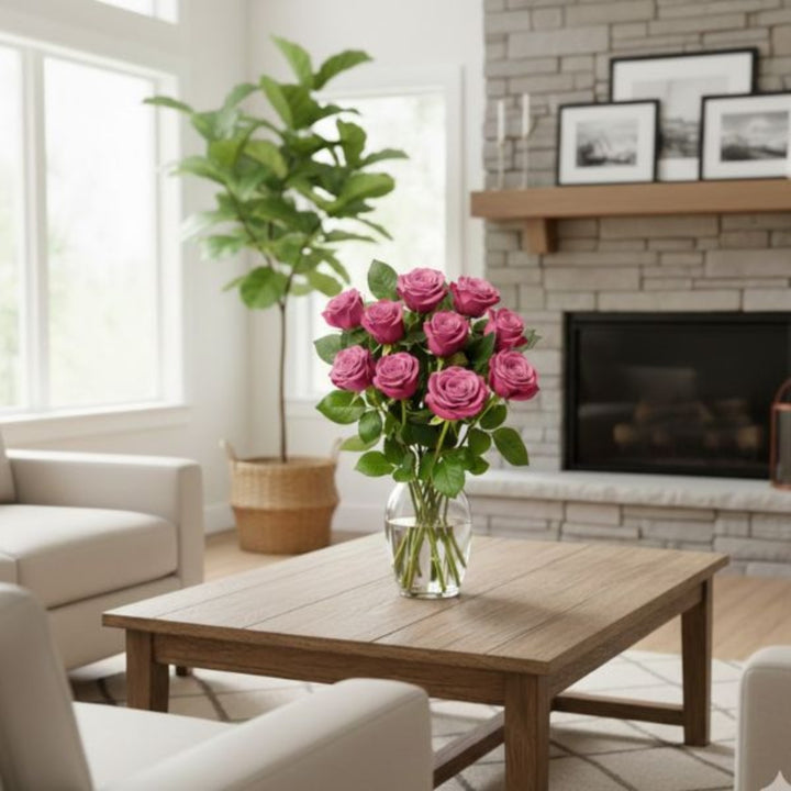 Bouquet of 10 Lilac Nightingale roses from SQ Flora Kenya, showcasing vibrant purple blooms and lush green stems.